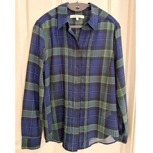 Foxcroft NYC Plaid Pleated Blouse Size 6 Blue Green Button Front Shirt